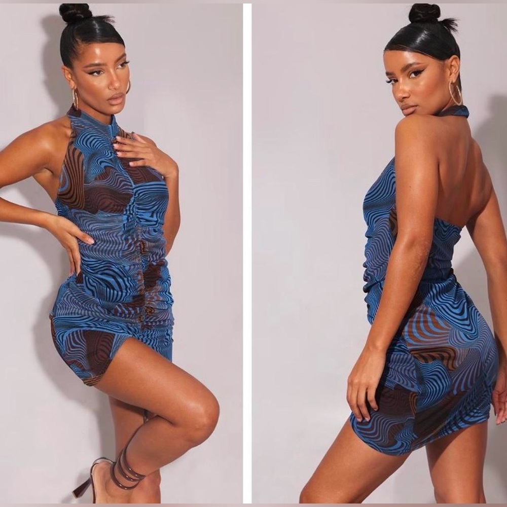 PrettyLittleThing Blue and Black Swirl Halter Mini Dress